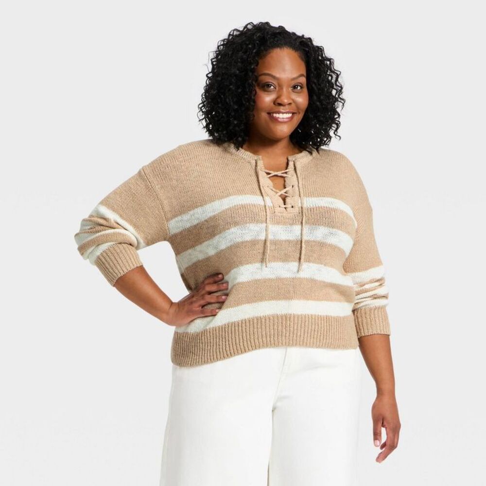 Women's Lace Up Crewneck Pullover Sweater - Universal Thread Oatmeal Striped XXL